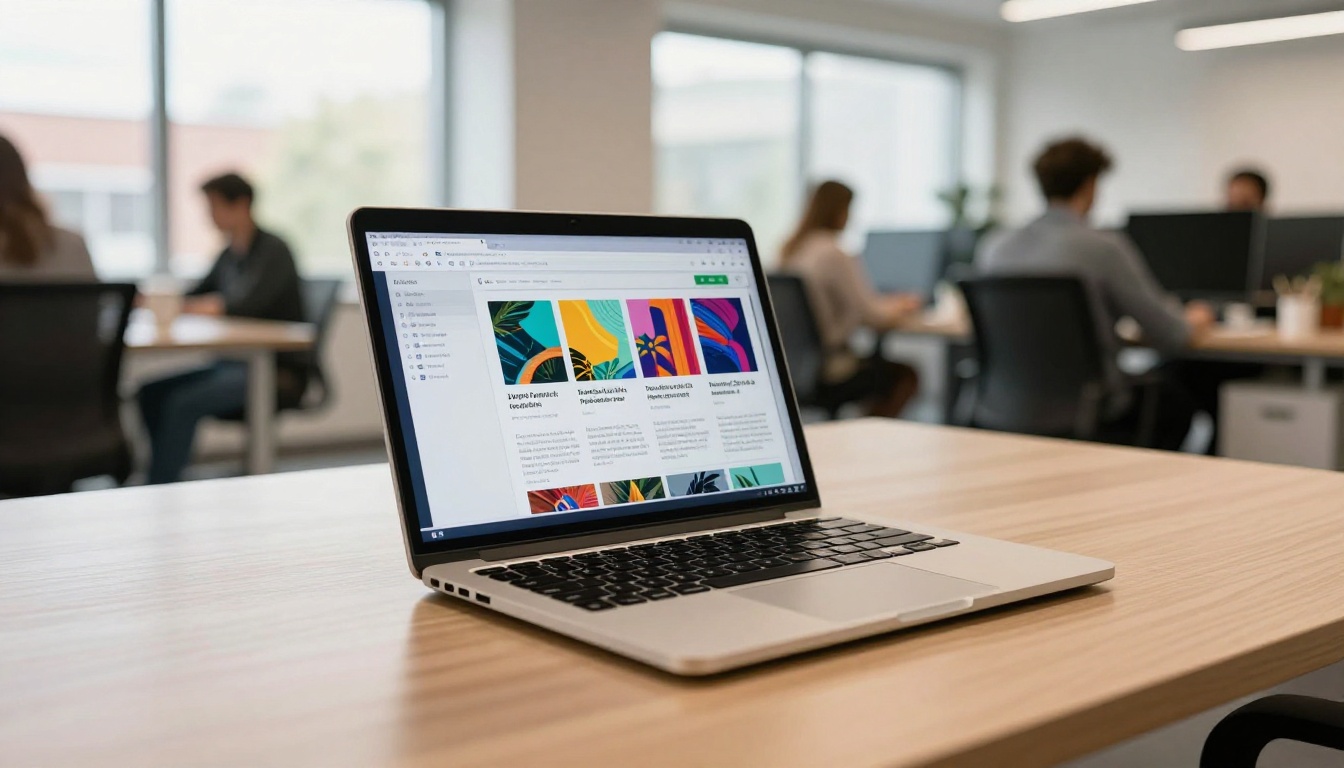 Low-angle view of a sleek laptop displaying a vibrant digital flipbook in a modern open-plan office with natural light