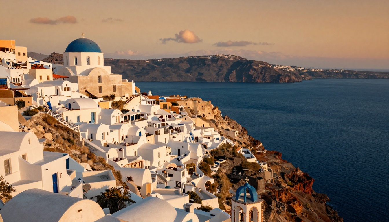 Dramatic golden hour view of Santorini cliffside village with white buildings and blue-domed church above the Aegean Sea