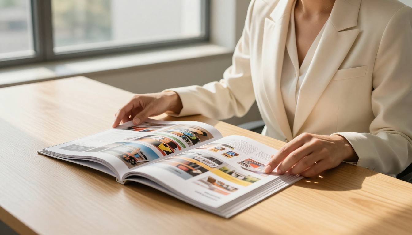 Professional reviewing product catalog on conference table Professional reviewing product catalog on conference table