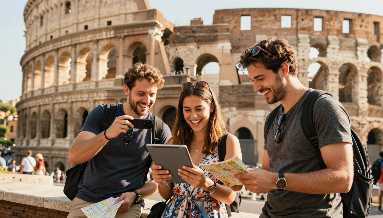 Happy diverse tourists at the Roman Colosseum sharing digital travel content on tablet in warm afternoon light