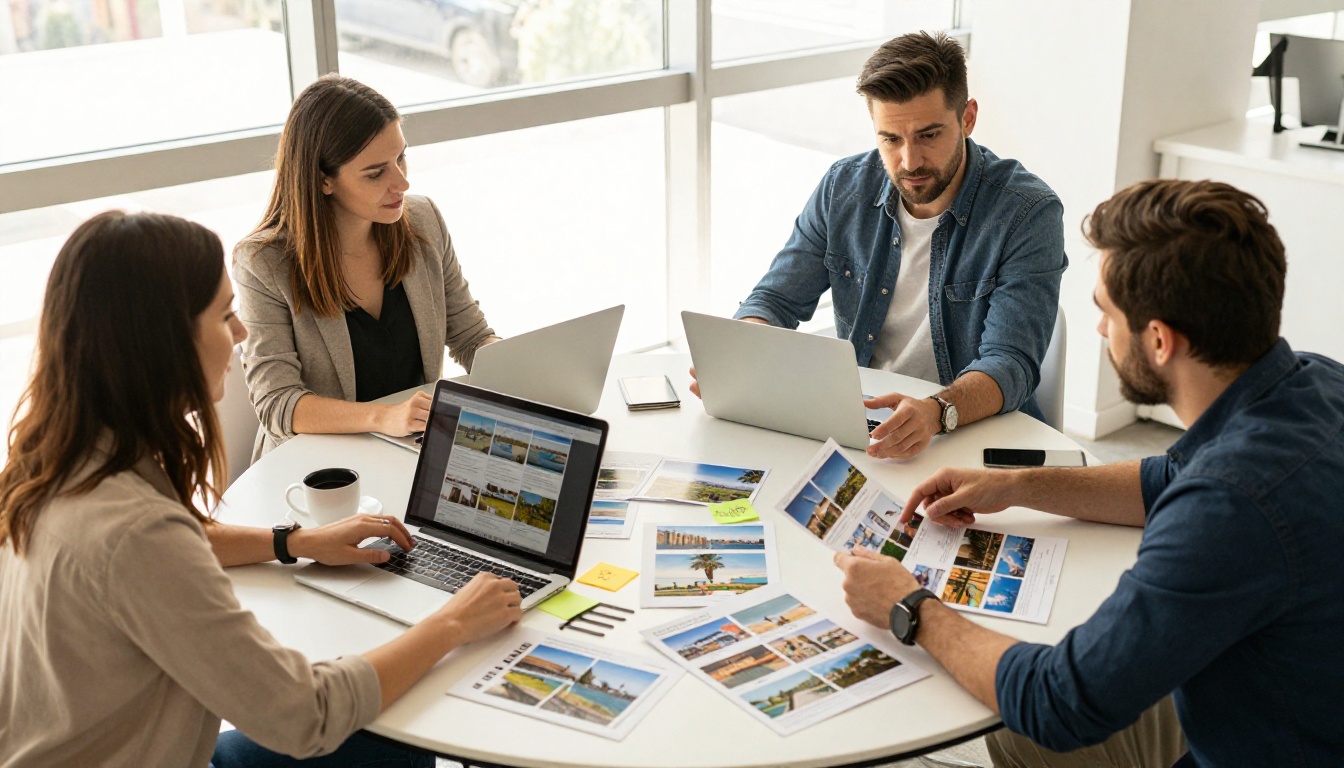 Marketing team gathered around conference table reviewing printed travel brochures and digital flipbooks together