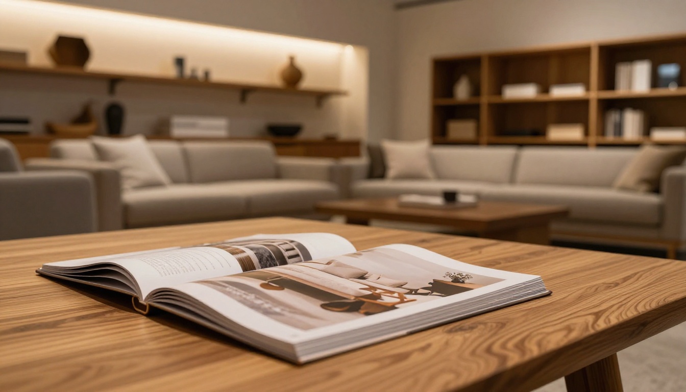 Furniture showroom with digital catalog on coffee table Furniture showroom with digital catalog on coffee table