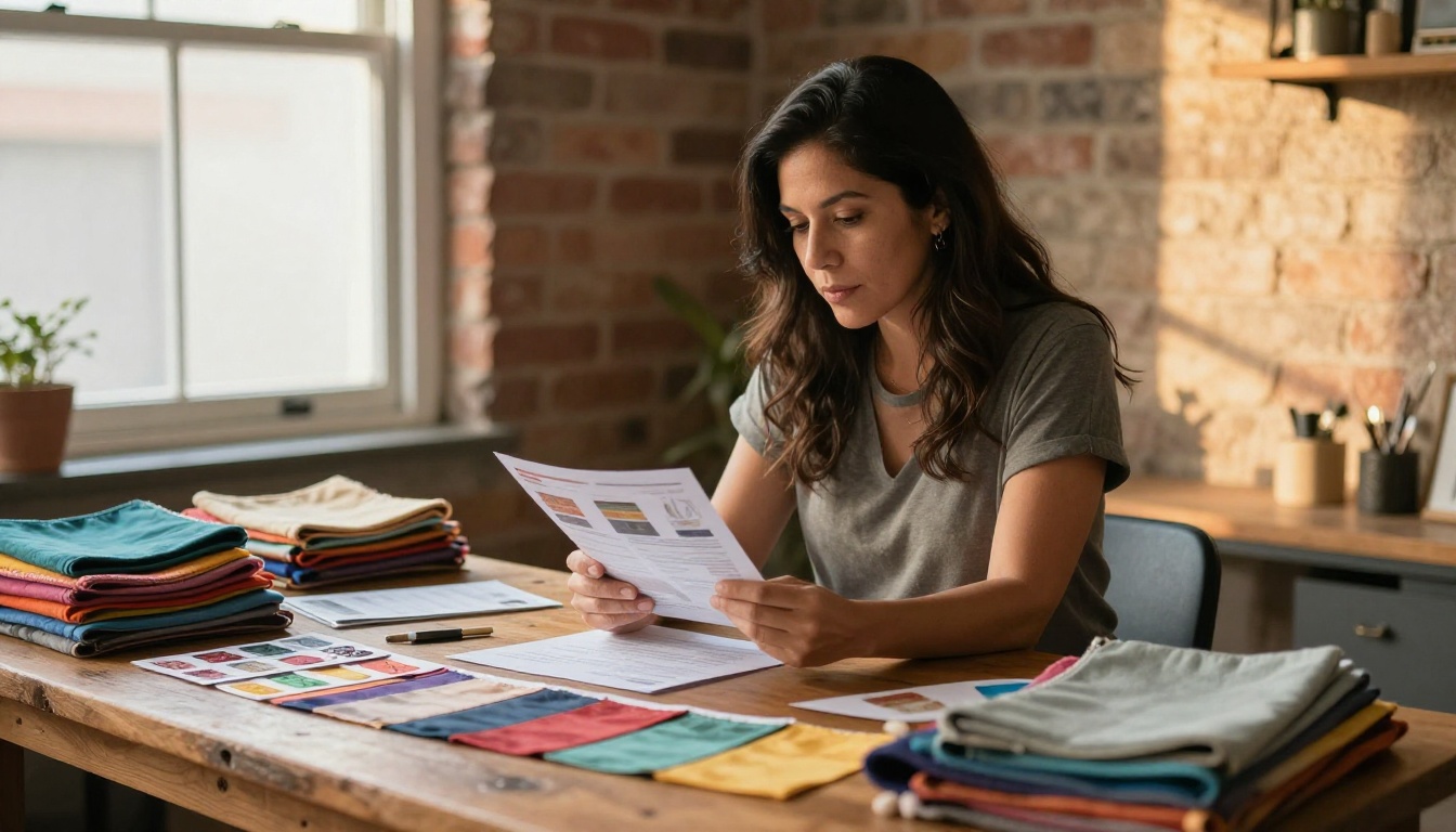 Entrepreneur reviewing product catalog in home office Entrepreneur reviewing product catalog in home office
