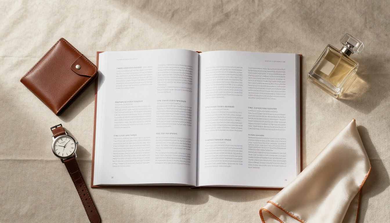Flat lay of luxury product catalog with accessories Flat lay of luxury product catalog with accessories