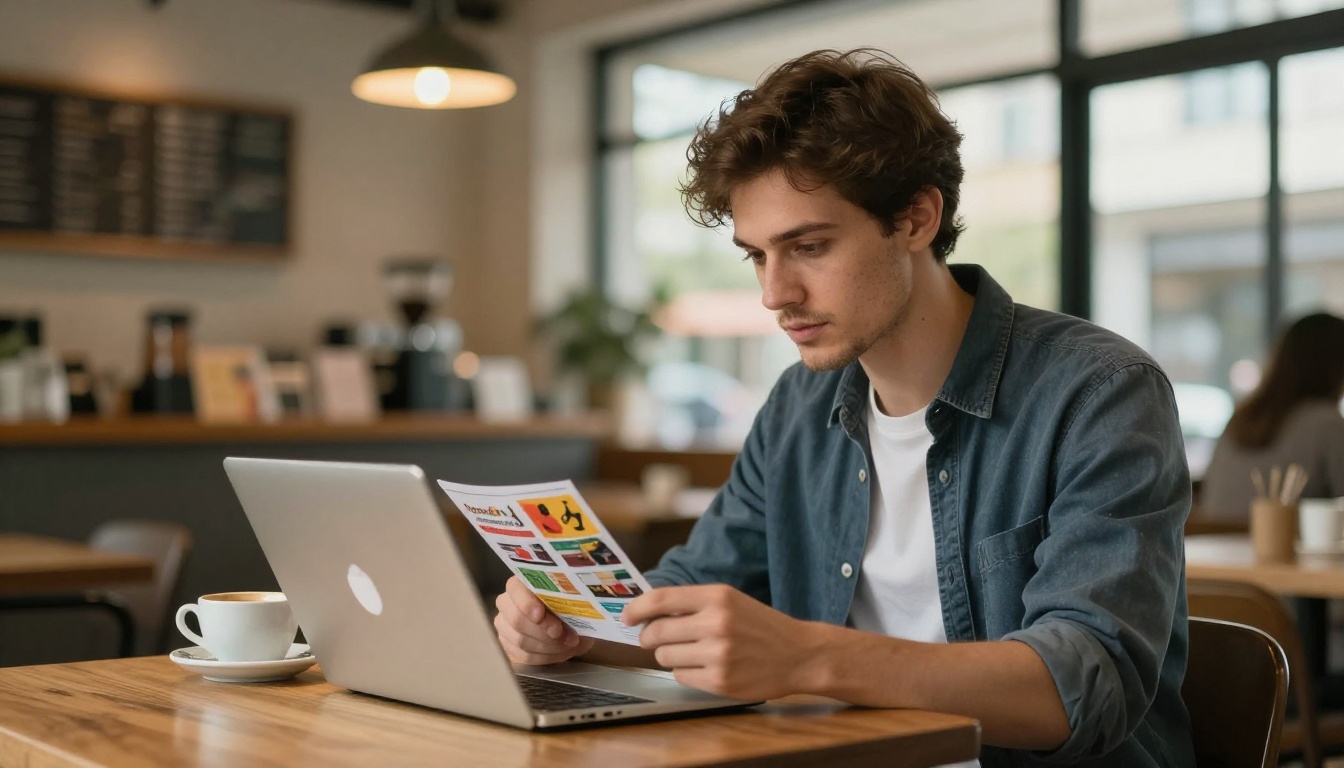 Professional reviewing catalog on laptop at coffee shop Professional reviewing catalog on laptop at coffee shop