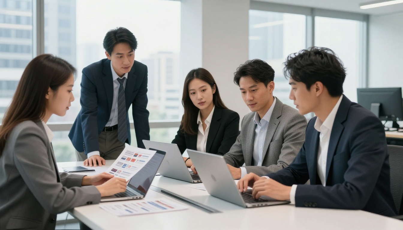 Business team reviewing product catalogs in modern conference room Business team reviewing product catalogs in modern conference room