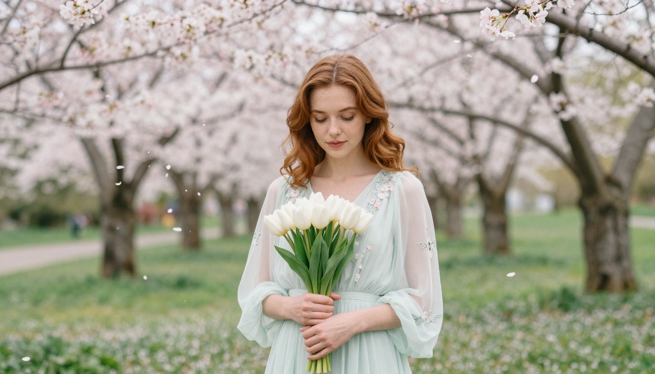 Spring fashion editorial: elegant woman in mint chiffon dress standing in cherry blossom park surrounded by pink petals