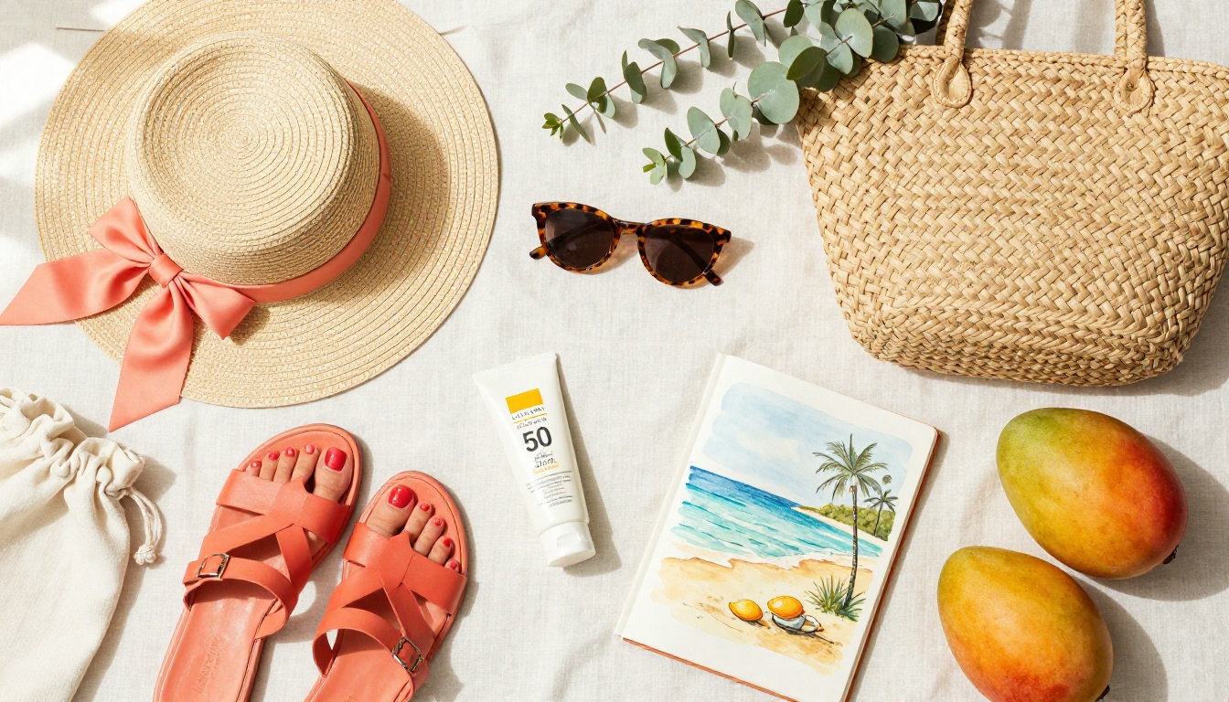 Summer accessories flat-lay with raffia sun hat, tortoiseshell sunglasses, woven tote and tropical elements on white linen