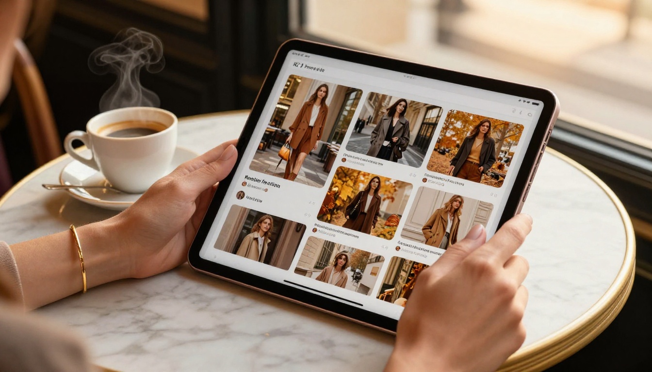 Woman's hands with gold bangle holding iPad showing digital fashion lookbook with page-flip effect at Paris cafe