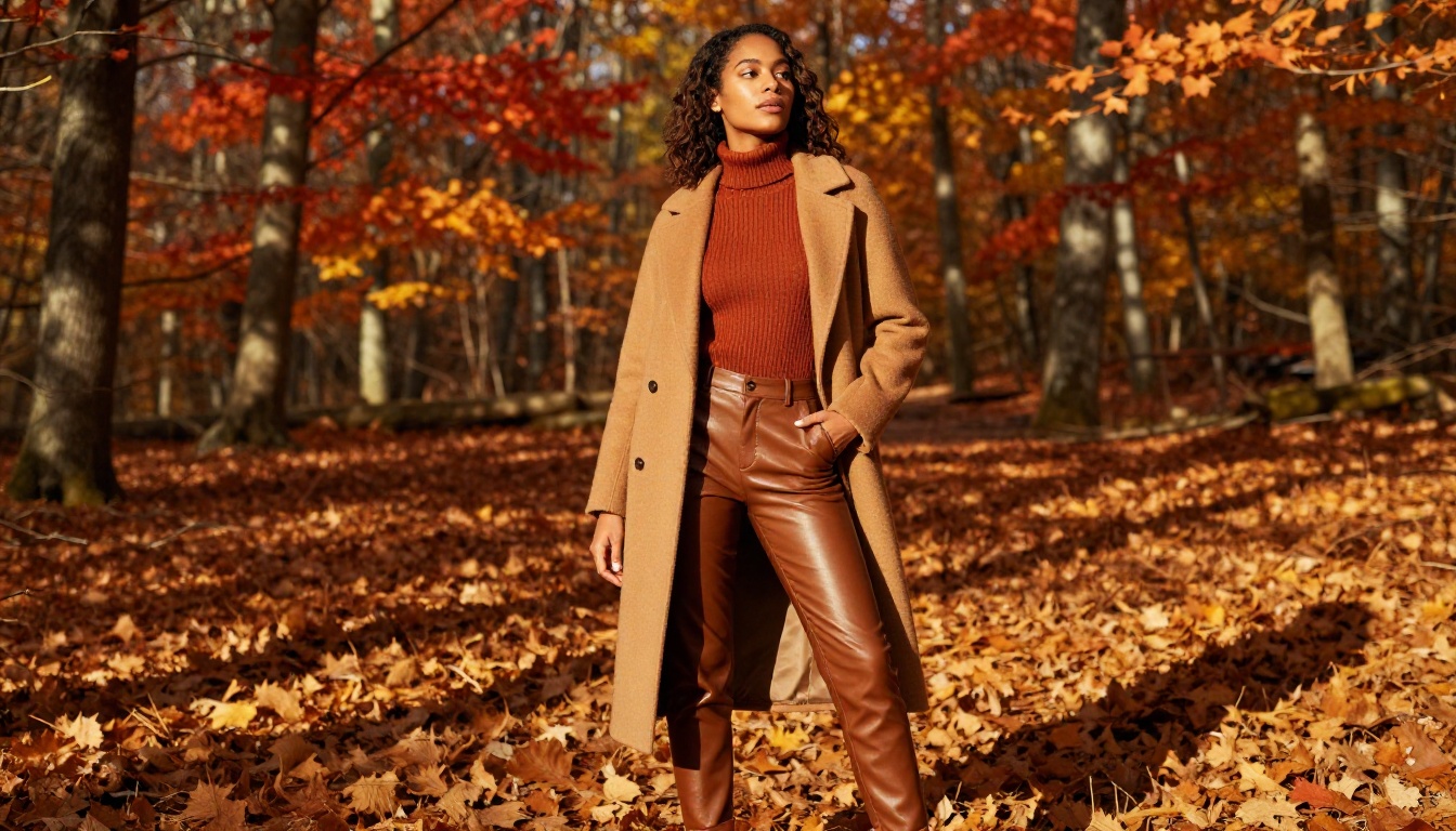Autumn fashion editorial: woman in camel wool coat and rust turtleneck standing in New England forest with blazing foliage