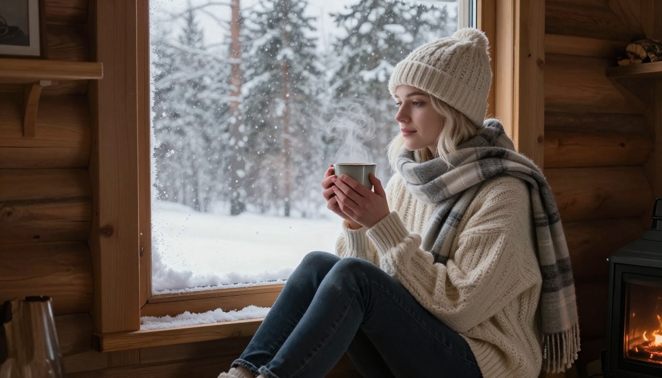 Winter fashion editorial: blonde model in ivory cable-knit sweater sitting on cabin window sill with soft snowfall in pine forest outside
