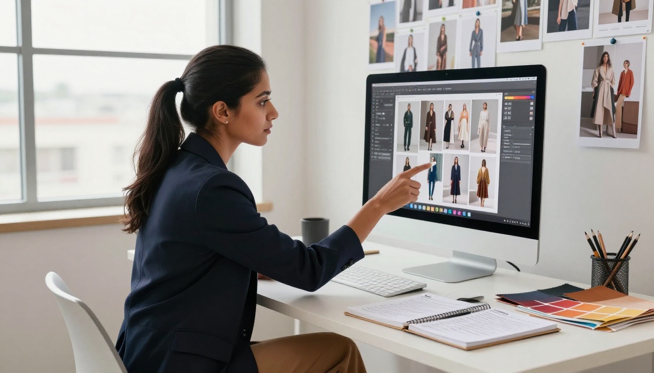 Fashion designer at Mac desktop reviewing digital lookbook layout with mood board and fabric swatches on desk