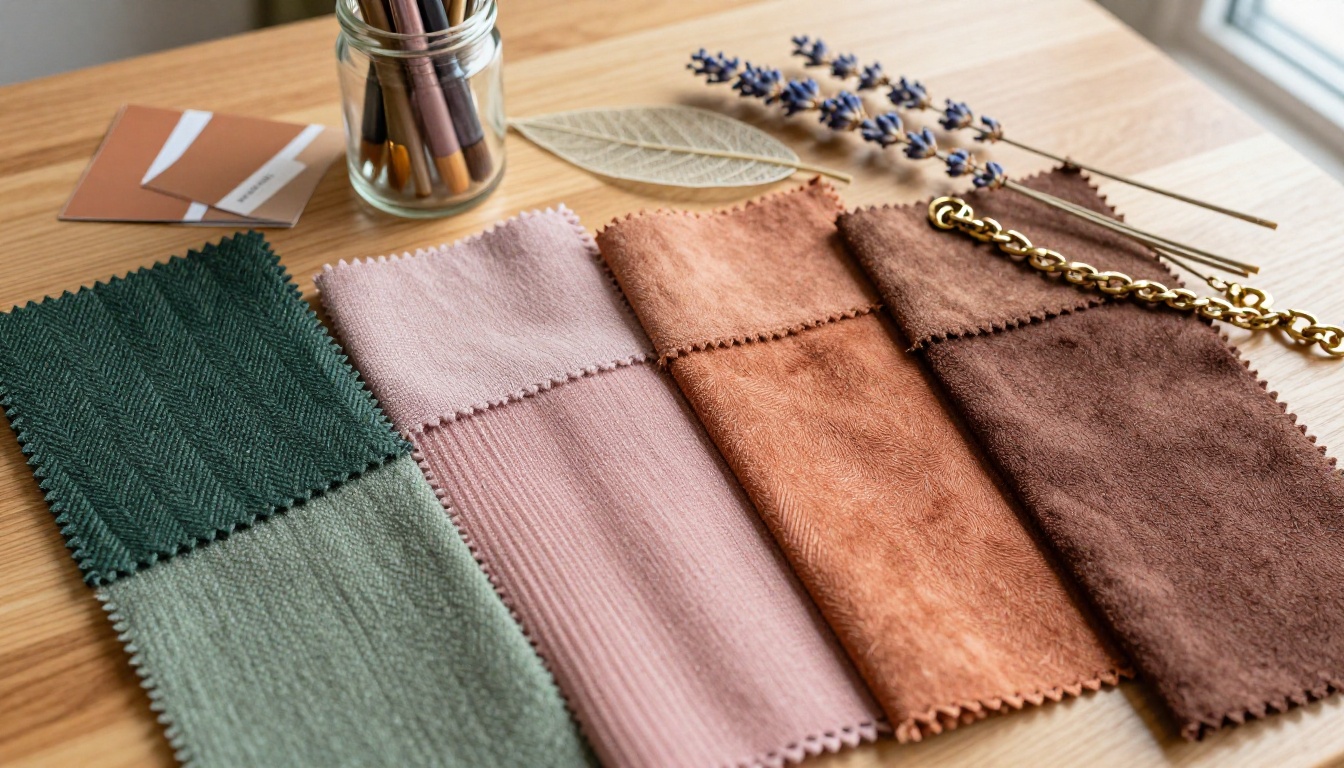 Macro close-up of seasonal fabric swatches in earth tones including herringbone tweed, ribbed knit and linen on oak surface
