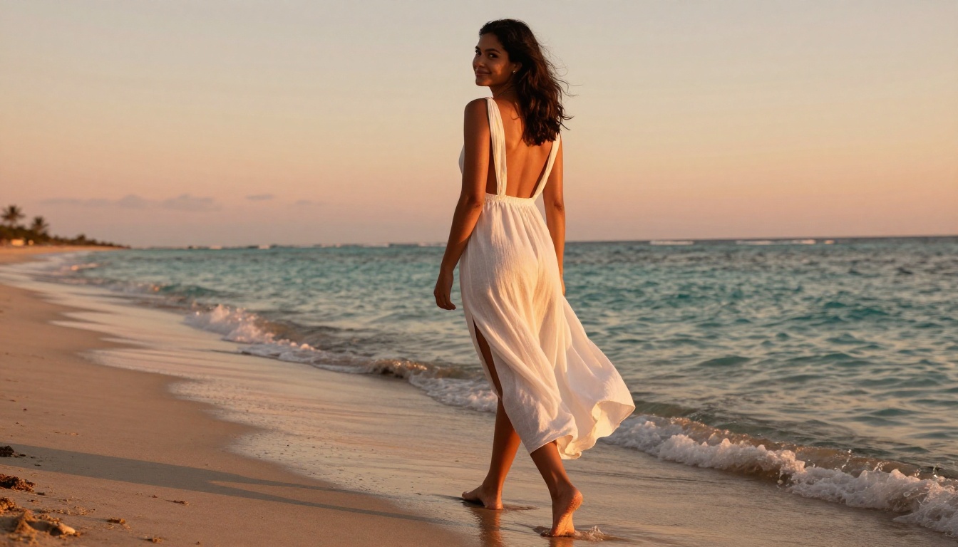 Summer fashion editorial: woman in flowing white linen dress walking barefoot on Caribbean beach at golden hour with turquoise water