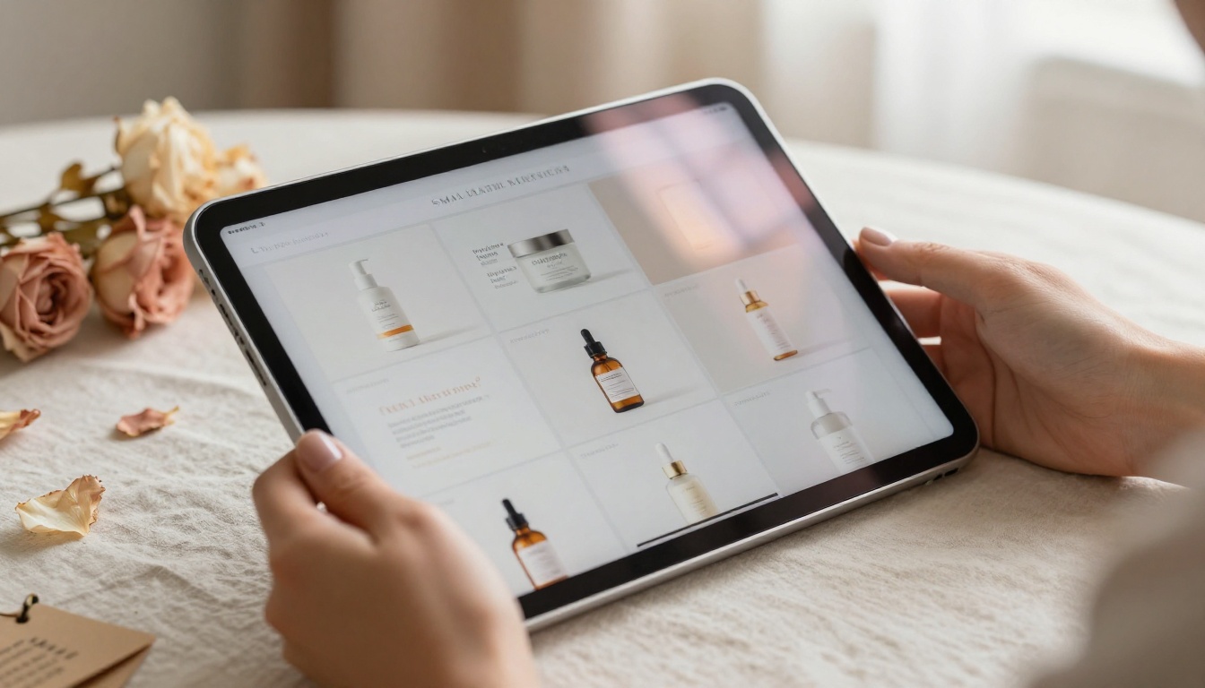 Digital product catalog viewed on tablet with skincare products Digital product catalog viewed on tablet with skincare products