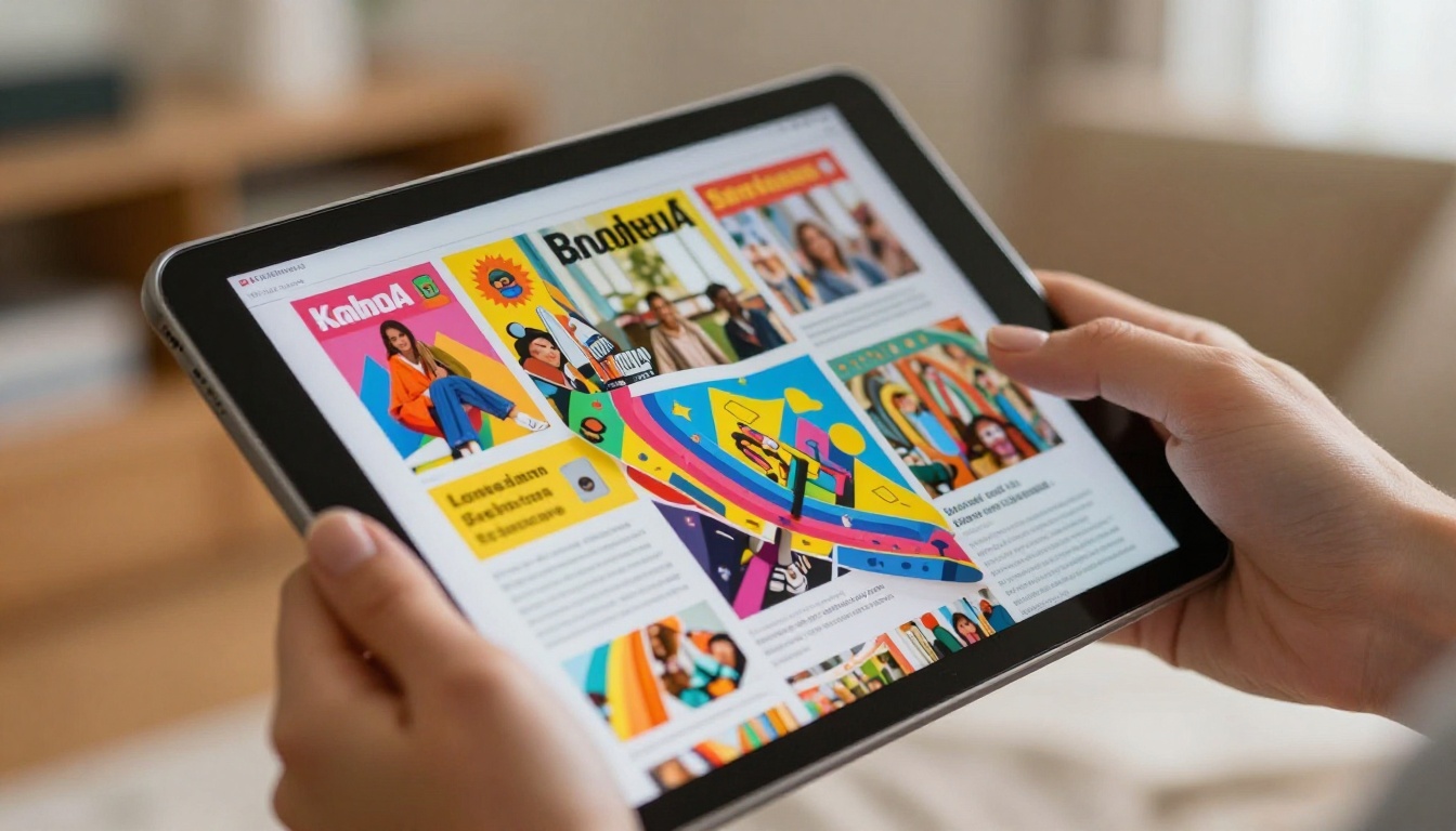 Close-up of a tablet displaying a vibrant digital magazine flipbook mid-turn Close-up of a tablet displaying a vibrant digital magazine flipbook mid-turn