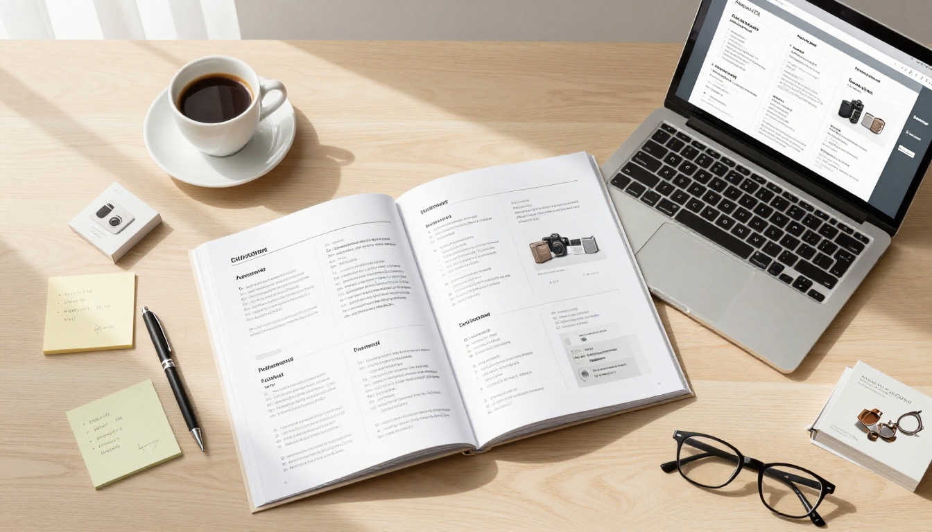 Overhead flat lay showing printed catalog beside digital version on laptop Overhead flat lay showing printed catalog beside digital version on laptop