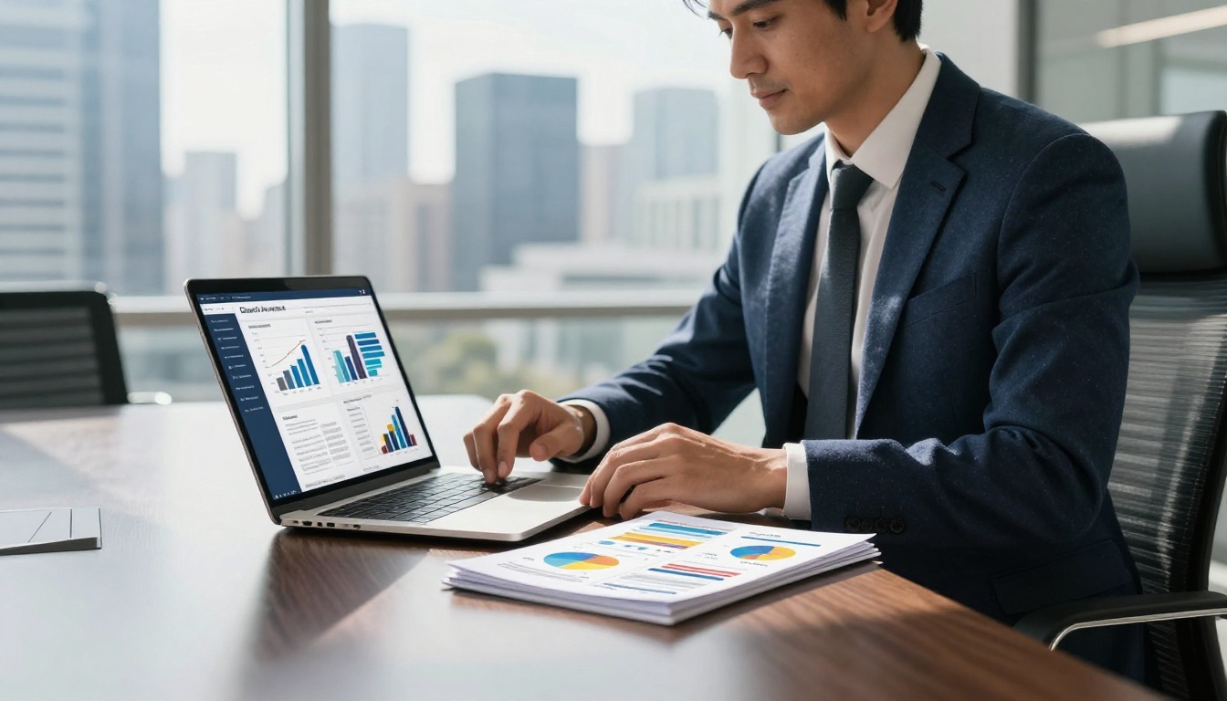 Businessman reviewing a digital annual report flipbook on a laptop in a glass-walled office Businessman reviewing a digital annual report flipbook on a laptop in a glass-walled office