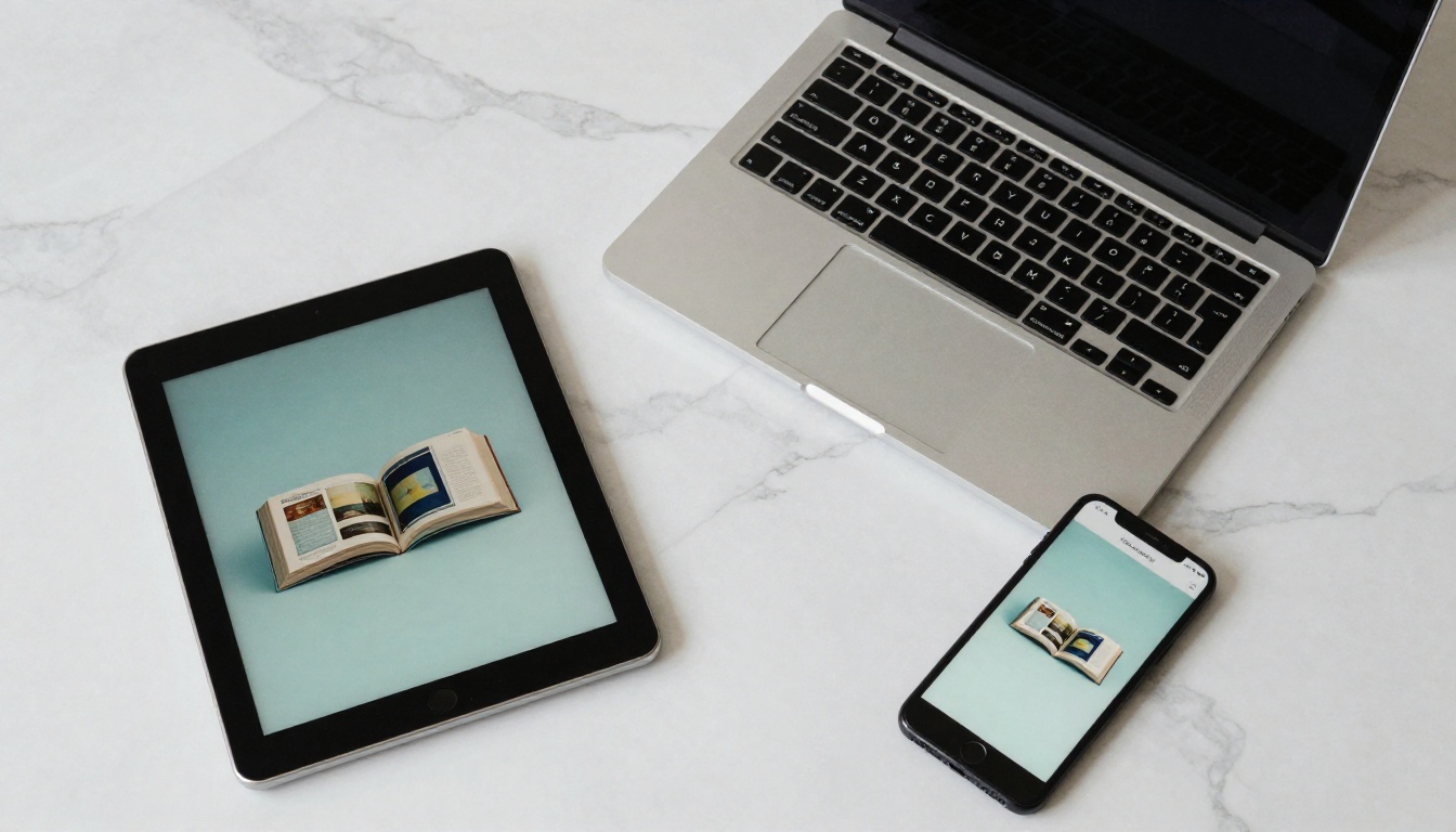 Multi-device flat lay on marble showing laptop, tablet, and phone all displaying the same flipbook Multi-device flat lay on marble showing laptop, tablet, and phone all displaying the same flipbook