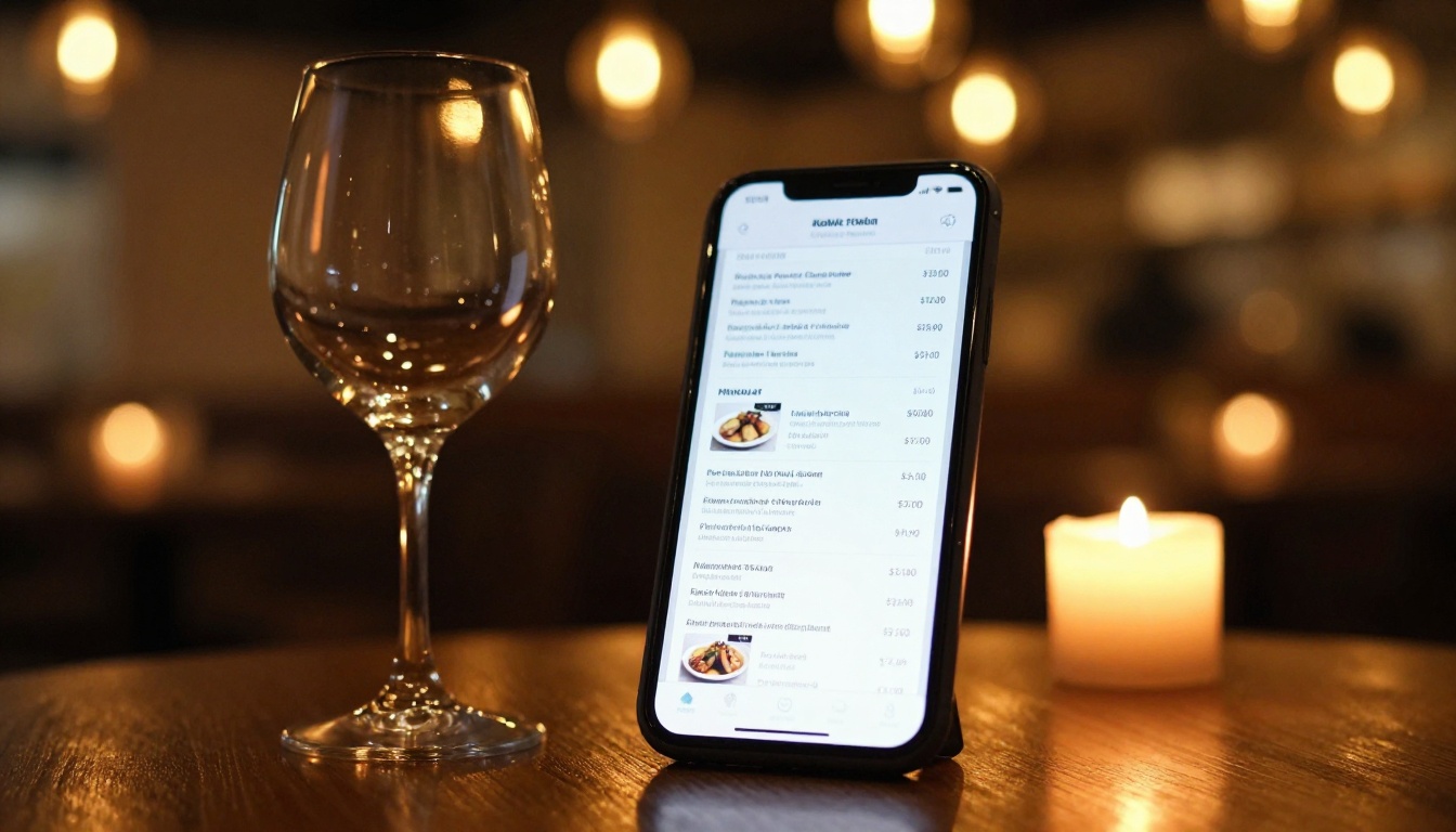 Smartphone propped against a wine glass displaying a restaurant menu flipbook by candlelight Smartphone propped against a wine glass displaying a restaurant menu flipbook by candlelight