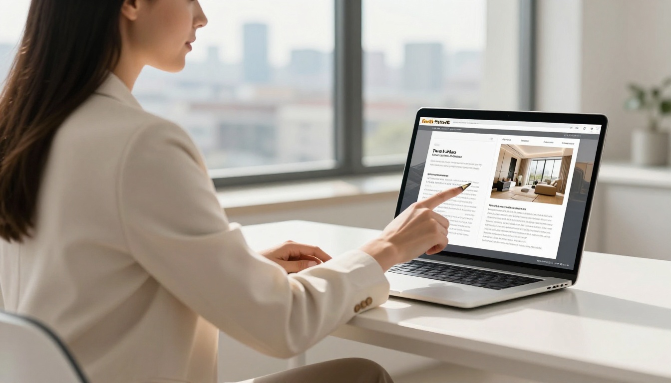 Real estate agent at a bright desk pointing at a laptop showing a property brochure flipbook Real estate agent at a bright desk pointing at a laptop showing a property brochure flipbook