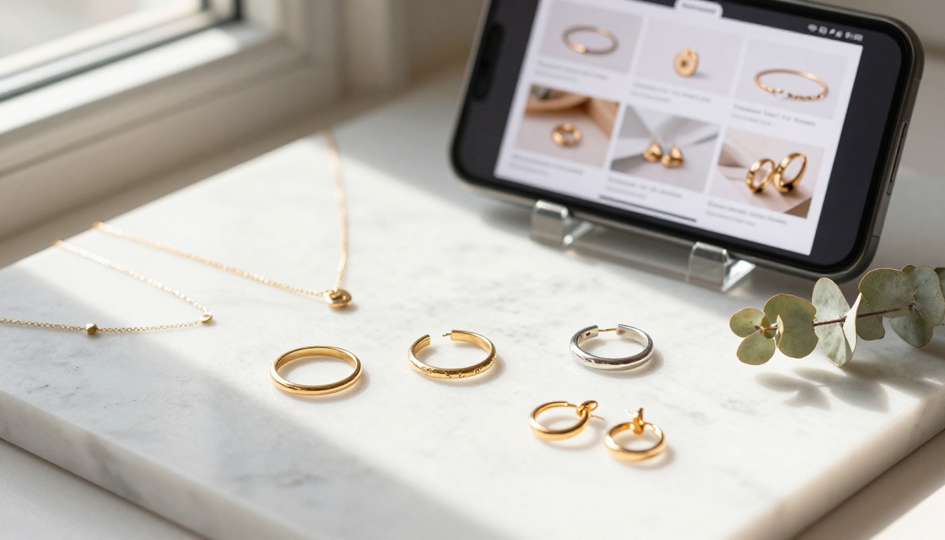 Jewelry flat lay with gold rings and necklaces beside mobile catalog display Jewelry flat lay with gold rings and necklaces beside mobile catalog display