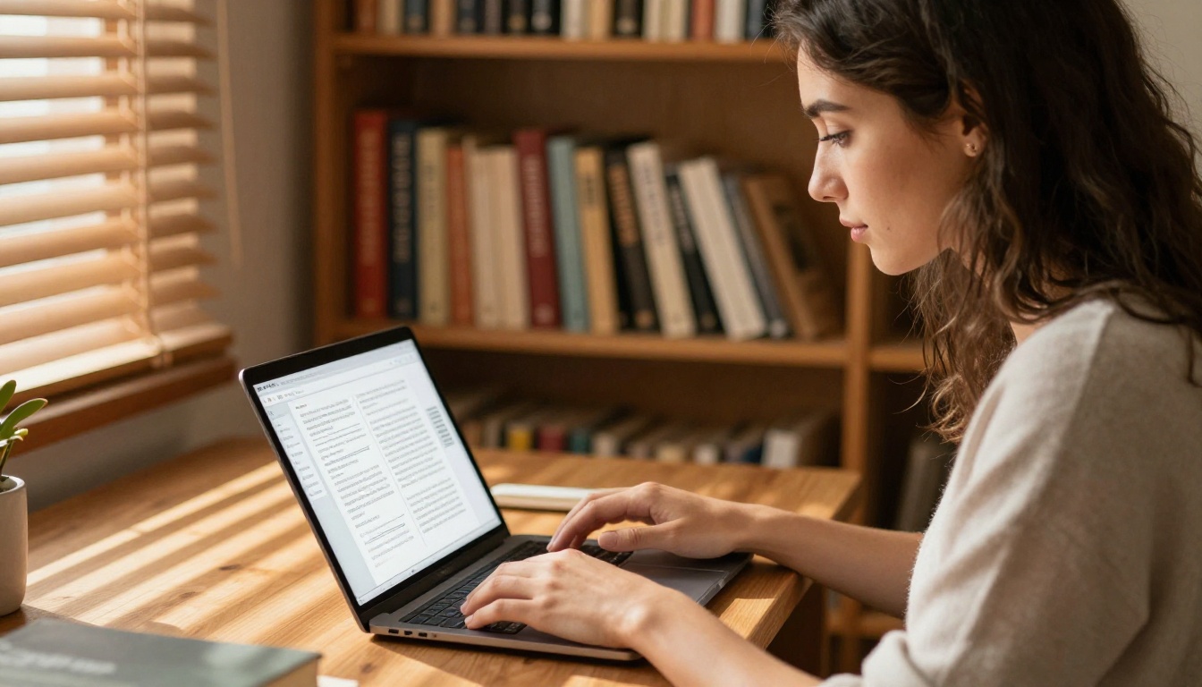 Young woman reading a digital e-book flipbook in a cozy library corner with warm afternoon light Young woman reading a digital e-book flipbook in a cozy library corner with warm afternoon light