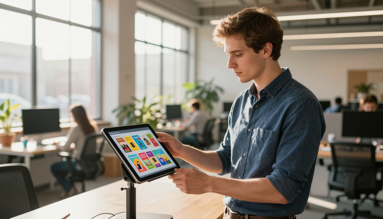 Man in co-working space holding a tablet with a digital flipbook open mid-page Man in co-working space holding a tablet with a digital flipbook open mid-page