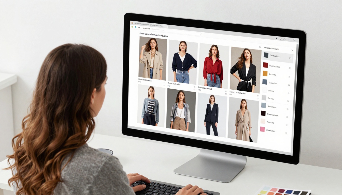 Fashion stylist reviewing a catalog flipbook on a large monitor with fabric swatches on desk Fashion stylist reviewing a catalog flipbook on a large monitor with fabric swatches on desk