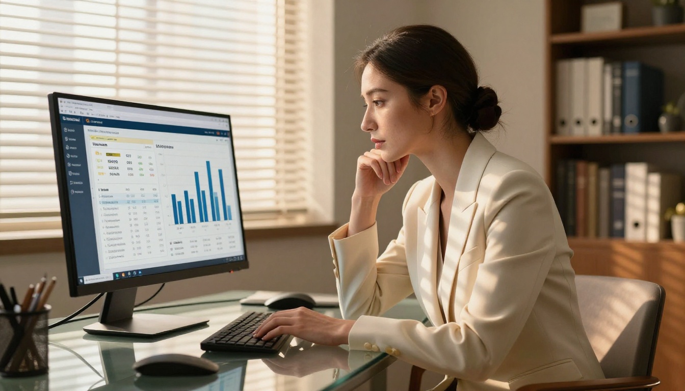 Business owner reviewing catalog analytics dashboard on curved monitor Business owner reviewing catalog analytics dashboard on curved monitor