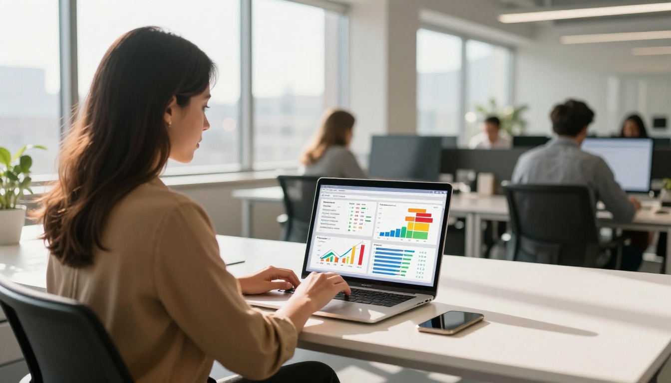 Marketing professional reviewing flipbook analytics on a laptop in a bright modern office Marketing professional reviewing flipbook analytics on a laptop in a bright modern office