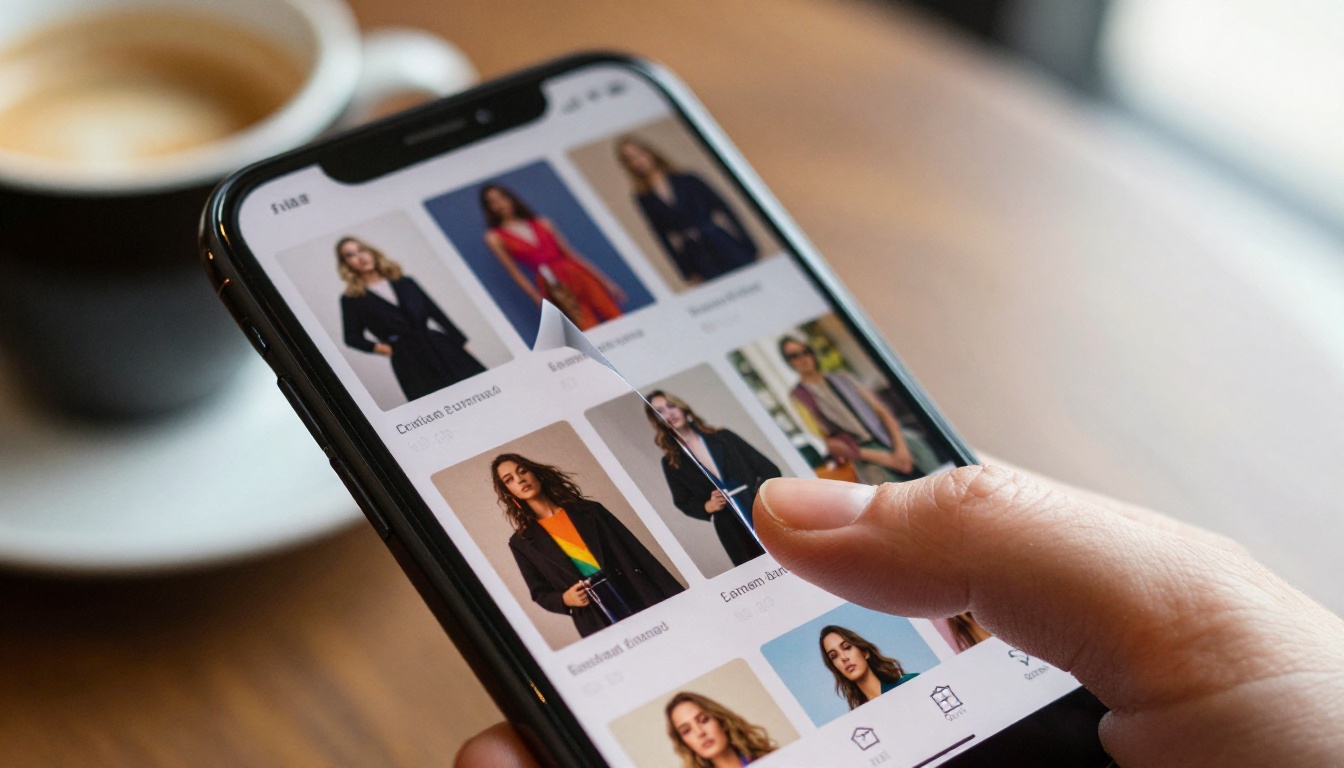 Close-up of a finger tapping a smartphone showing a colorful digital magazine flipbook mid-turn Close-up of a finger tapping a smartphone showing a colorful digital magazine flipbook mid-turn