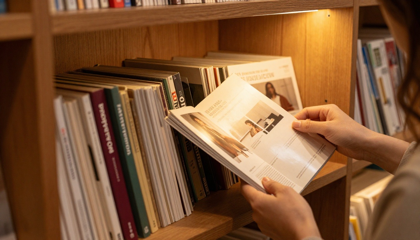 Wooden bookshelf filled with neatly arranged printed catalogs, brochures, and colorful magazines Wooden bookshelf filled with neatly arranged printed catalogs, brochures, and colorful magazines