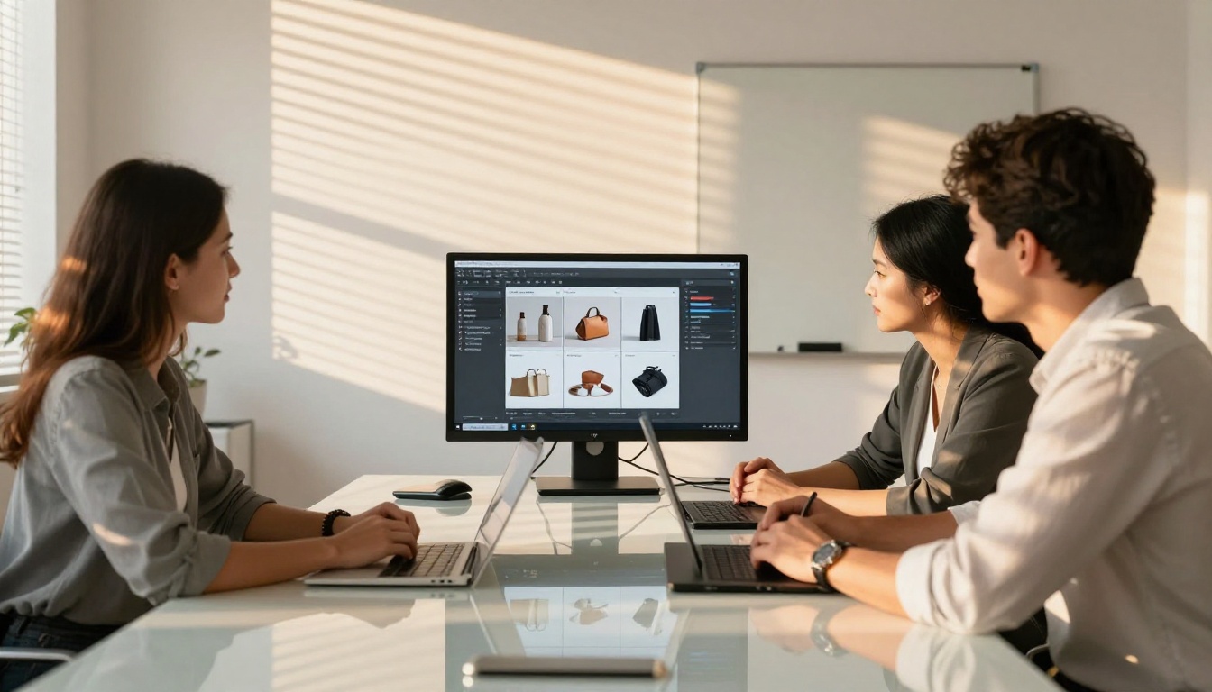 Creative team gathered around a large monitor reviewing a digital catalog flipbook Creative team gathered around a large monitor reviewing a digital catalog flipbook