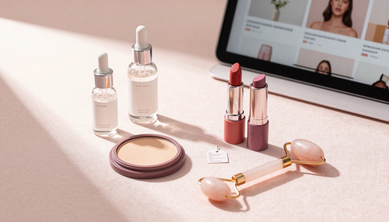 Beauty cosmetics flat lay with serum bottles and digital catalog in background Beauty cosmetics flat lay with serum bottles and digital catalog in background