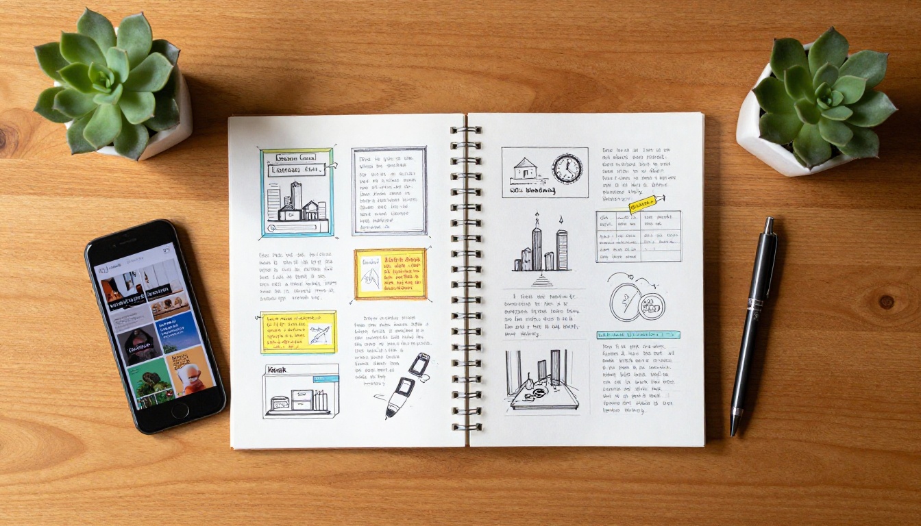 Aerial flat lay of a desk with notebook, printed brochures, and a smartphone showing a flipbook preview Aerial flat lay of a desk with notebook, printed brochures, and a smartphone showing a flipbook preview
