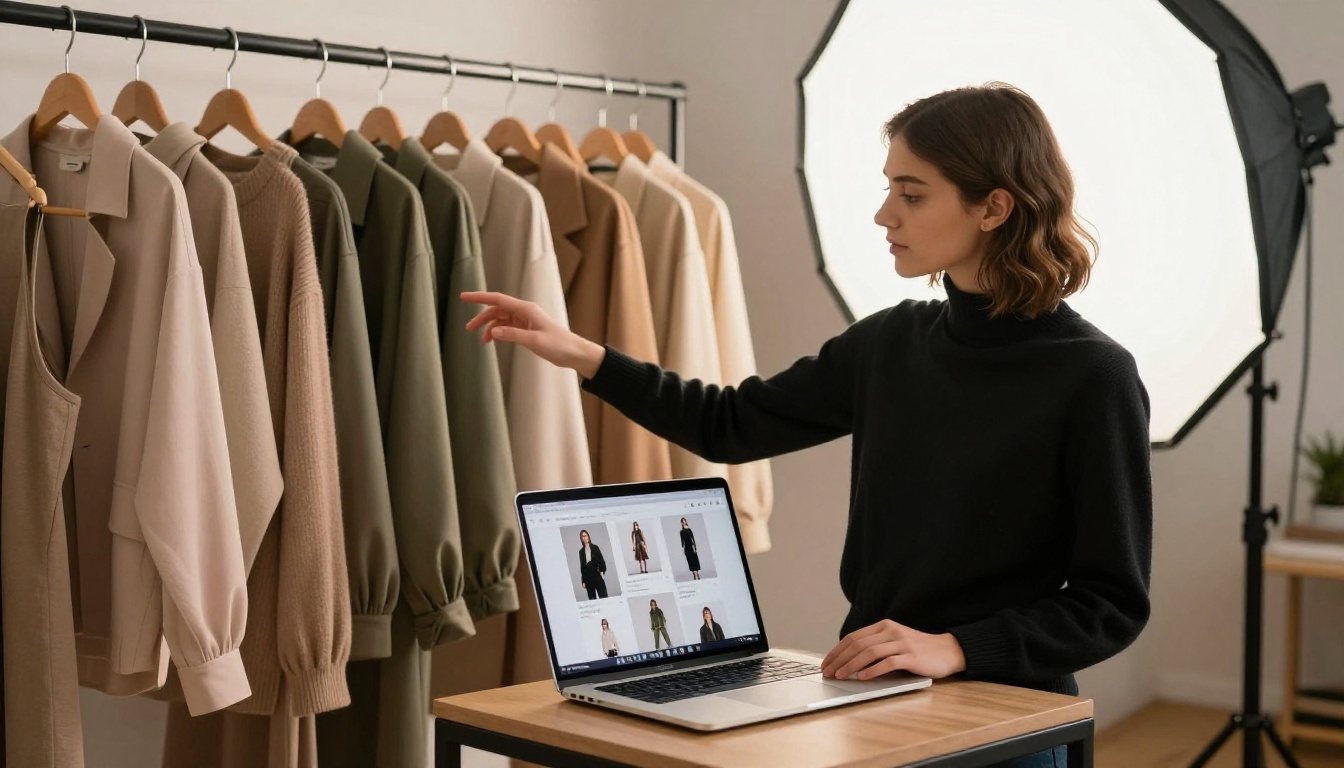 Fashion brand owner showing digital catalog on laptop beside clothing rack Fashion brand owner showing digital catalog on laptop beside clothing rack