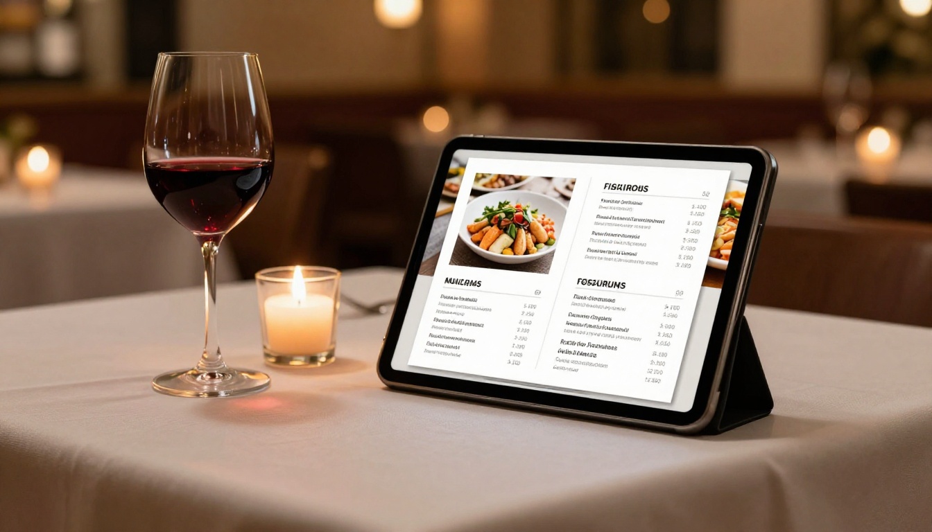 Tablet on a restaurant table displaying a digital menu flipbook beside a glass of red wine and candle Tablet on a restaurant table displaying a digital menu flipbook beside a glass of red wine and candle