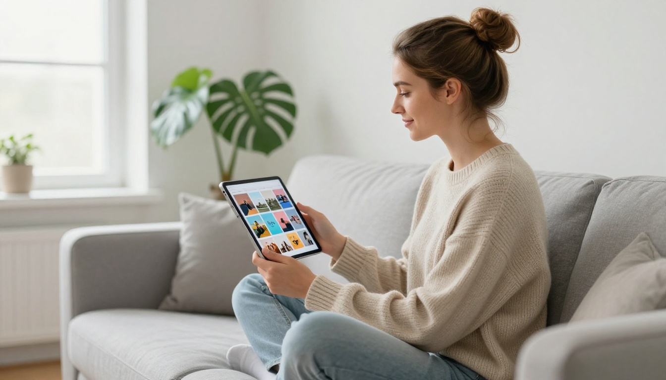 Young woman on a sofa holding an iPad displaying a colorful digital portfolio flipbook Young woman on a sofa holding an iPad displaying a colorful digital portfolio flipbook