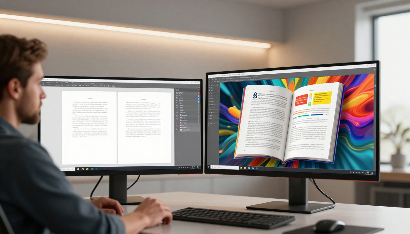 Professional graphic designer comparing a flat PDF document on the left screen to a vibrant interactive flipbook on the right screen