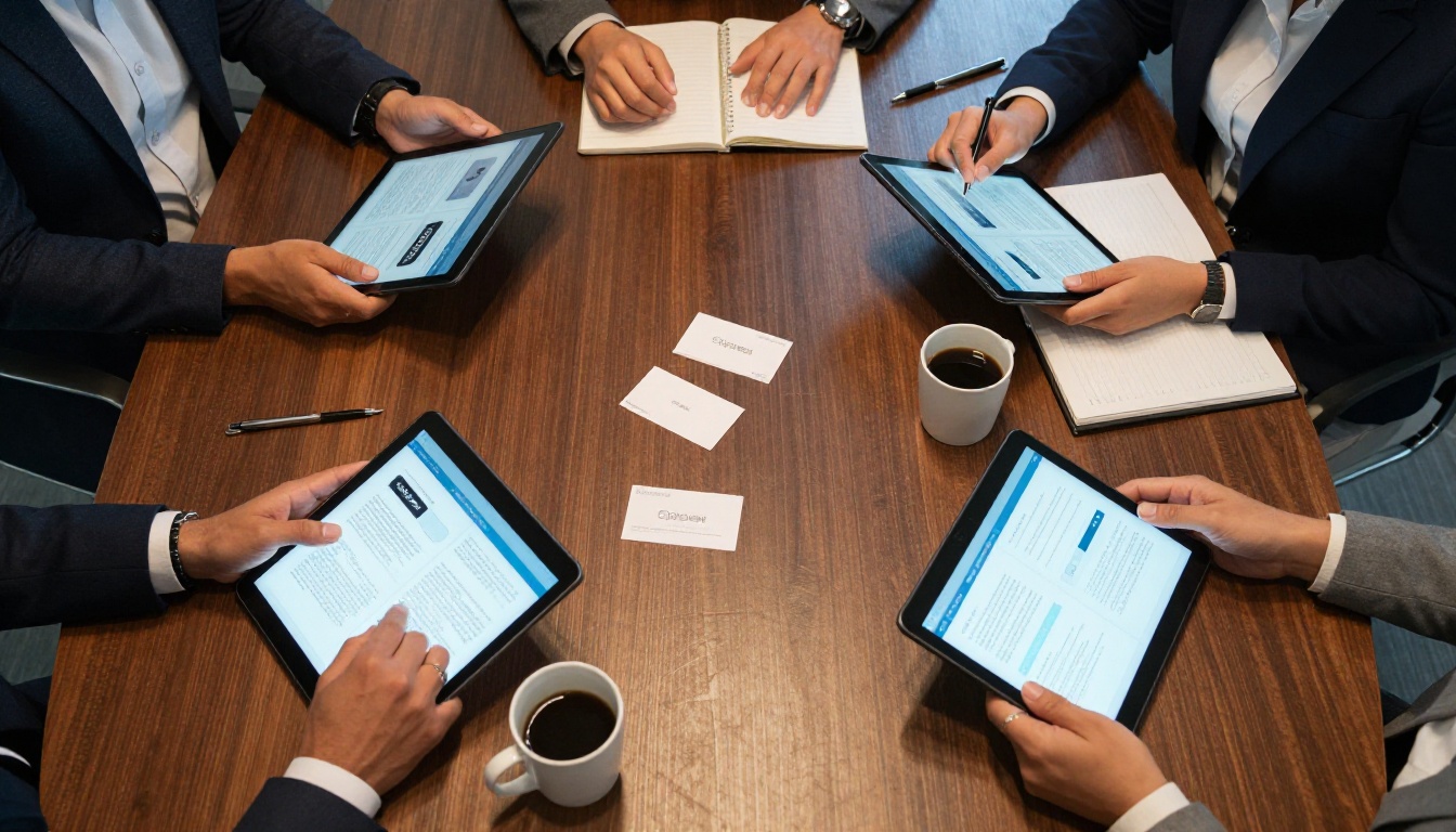 Aerial view of four business professionals at a conference table each viewing the same branded interactive flipbook on their individual tablets