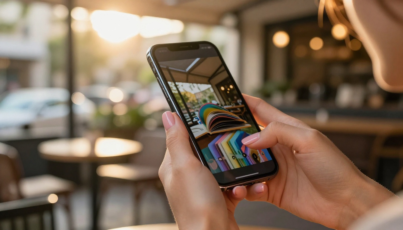 Woman's hands holding a smartphone displaying a colorful interactive flipbook mid-turn in a warm outdoor cafe setting with golden bokeh light