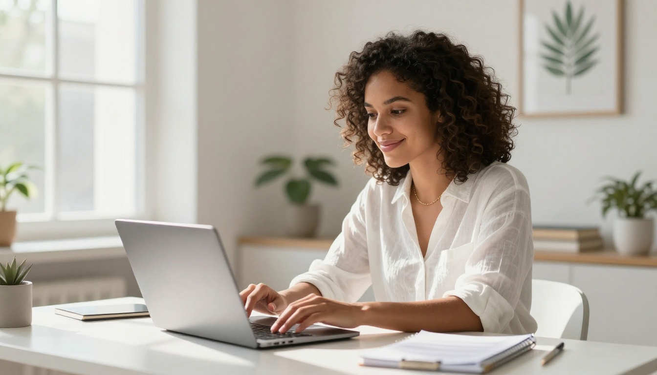 Young professional woman smiling at her laptop as she clicks to share a flipbook link from her bright minimalist home office