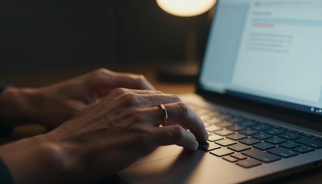Businessman's hands on a keyboard sending a flipbook link via email, warm lamp light creating dramatic shadows across the keys