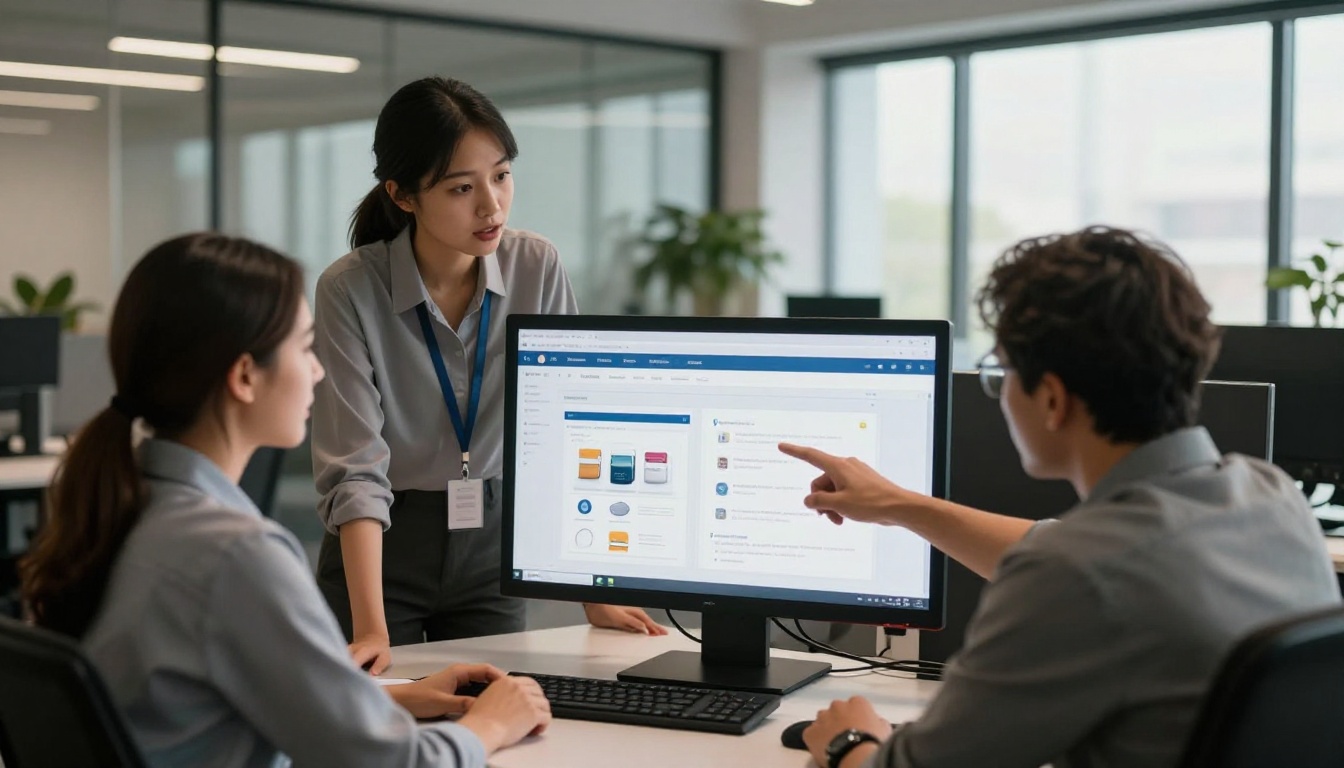 Business team gathered around a desktop monitor reviewing an interactive flipbook together, pointing at specific content on screen