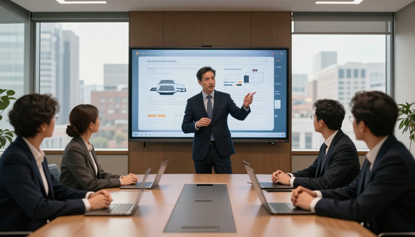 Business professional in a navy suit presenting a branded interactive flipbook on a large boardroom screen to attentive colleagues
