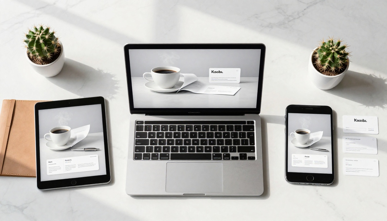 Flat lay of a laptop, tablet, and smartphone on a white marble desk all displaying the same interactive flipbook across every screen size