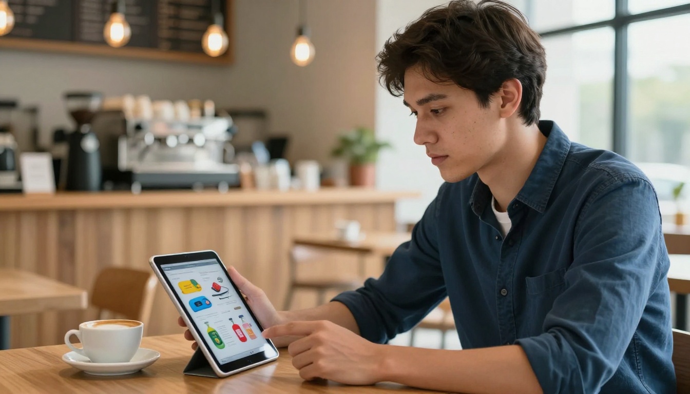 A professional browsing an animated online catalogue on a tablet in a modern coffee shop A professional browsing an animated online catalogue on a tablet in a modern coffee shop