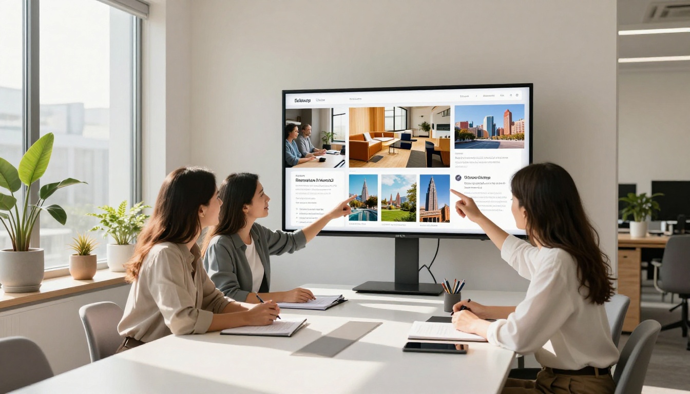 Business team reviewing an interactive digital catalogue on a conference room screen Business team reviewing an interactive digital catalogue on a conference room screen