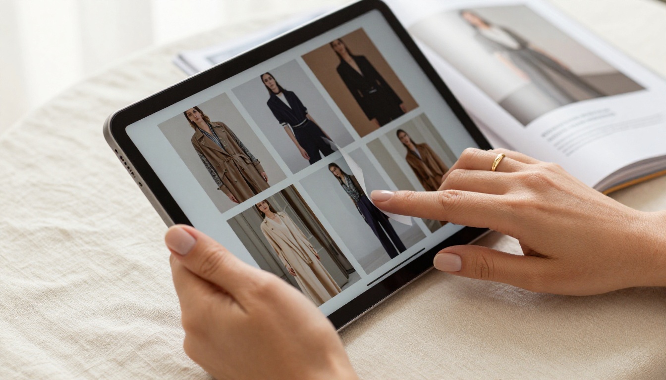 Elegant hands holding a tablet displaying a luxury fashion catalogue with animated page-turn effect Elegant hands holding a tablet displaying a luxury fashion catalogue with animated page-turn effect